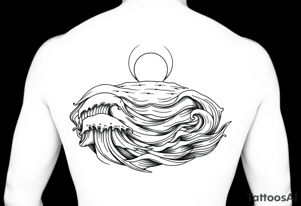 Wrap-around tattoo design, black and white line art. Stylized calm sea with flowing waves wrapping around the arm, horizon line extending seamlessly. Above the horizon, a glowing sun or moon integrated into the circular flow, with subtle Norse runes (Algiz, Raido) hidden in the light. Balanced, elegant, marine and mythological atmosphere. Clean outlines, high contrast, stencil-ready for forearm tattoo. tattoo idea
