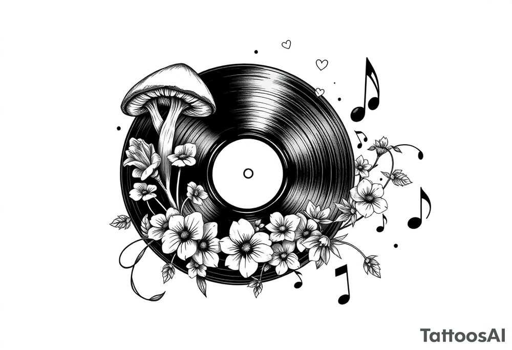 vinyl record with mushrooms, flowers, hearts, and music notes tattoo idea