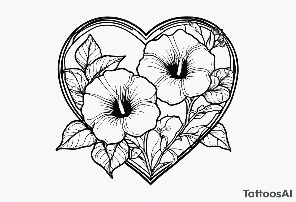 Heart with morning glory flowers as the border with the name Cameron and the time 8:34am tattoo idea