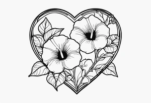 Heart with morning glory flowers as the border with the name Cameron and the time 8:34am tattoo idea