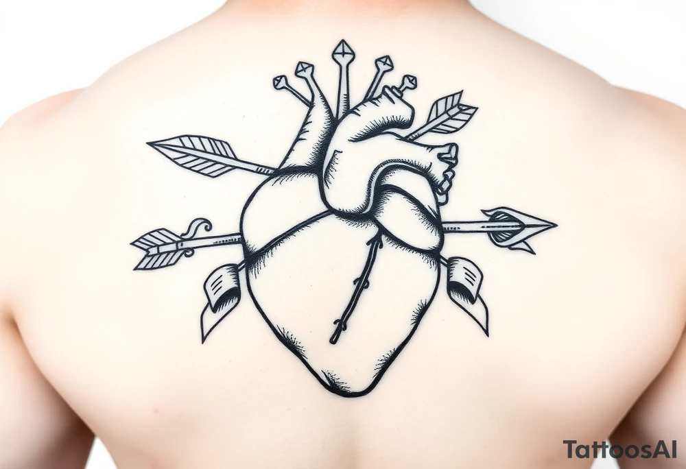 anatomical heart pierced by ornate arrow with flowing ribbons tattoo idea