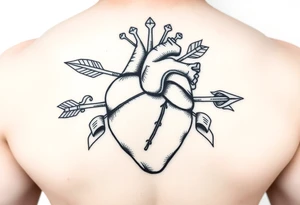 anatomical heart pierced by ornate arrow with flowing ribbons tattoo idea