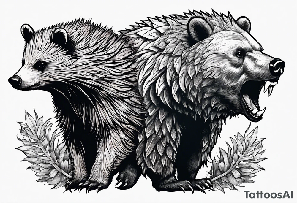 a growling bear and a hedgehog together. tattoo idea
