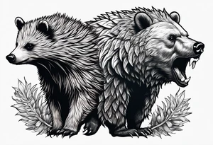 a growling bear and a hedgehog together. tattoo idea