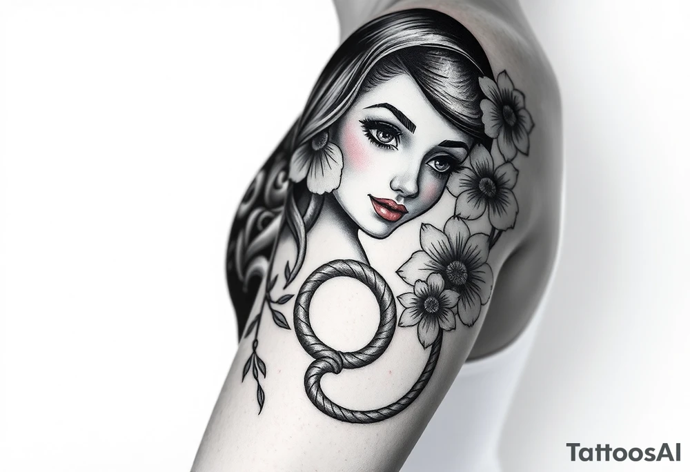 Pin up picture arm sleeve. With October flower November flower December flower rope figure 8 knot tattoo idea