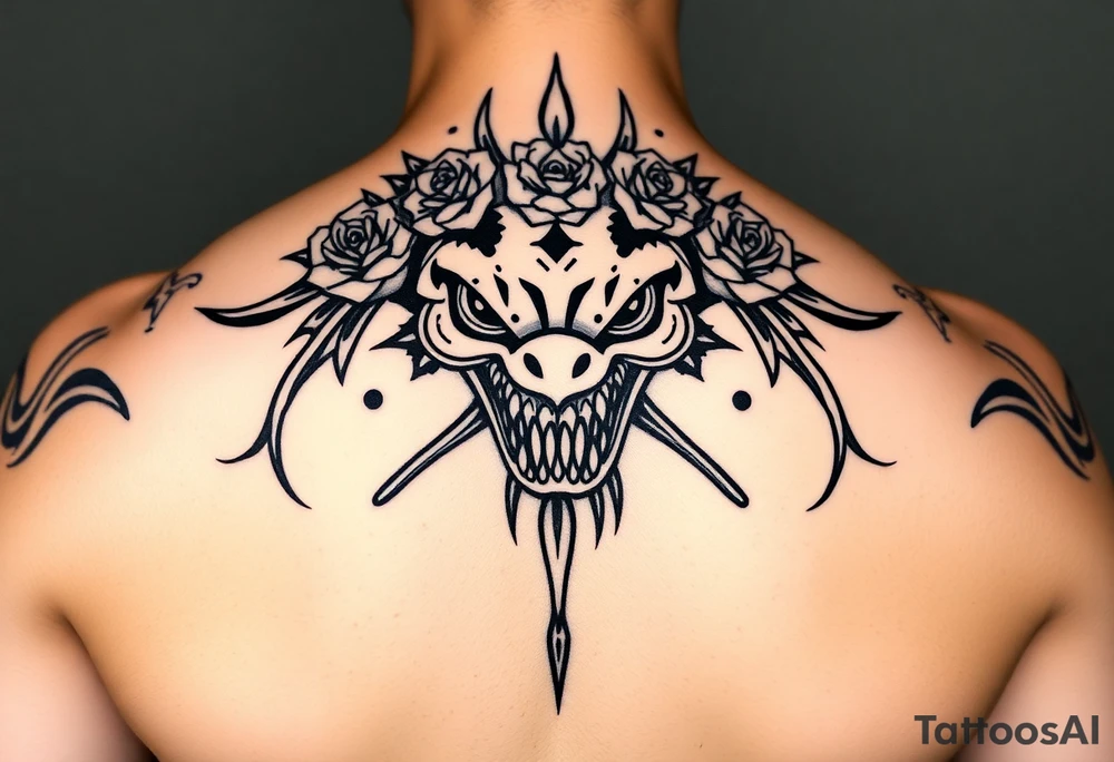ornate hammerhead adorned with crown of wild roses and thorns tattoo idea