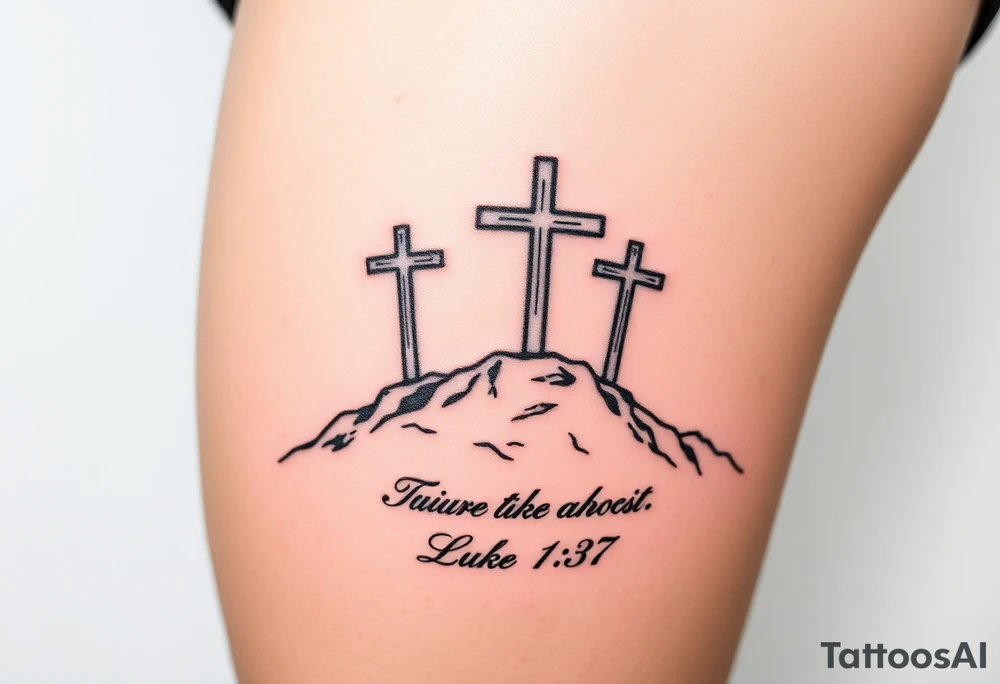 Three catholic crosses on Mountain. With verse Luke 1:37 below it. Put a lot of detail. More detail tattoo idea