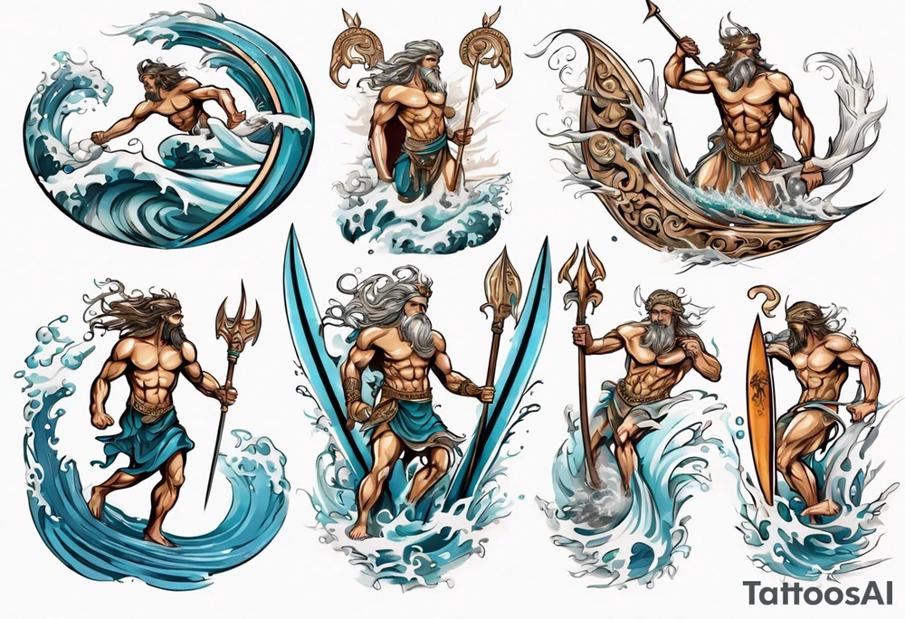 Ancient Greek gods of the sea fighting with surfer  and trident tattoo idea