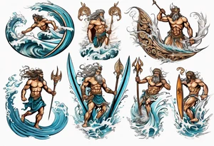 Ancient Greek gods of the sea fighting with surfer  and trident tattoo idea