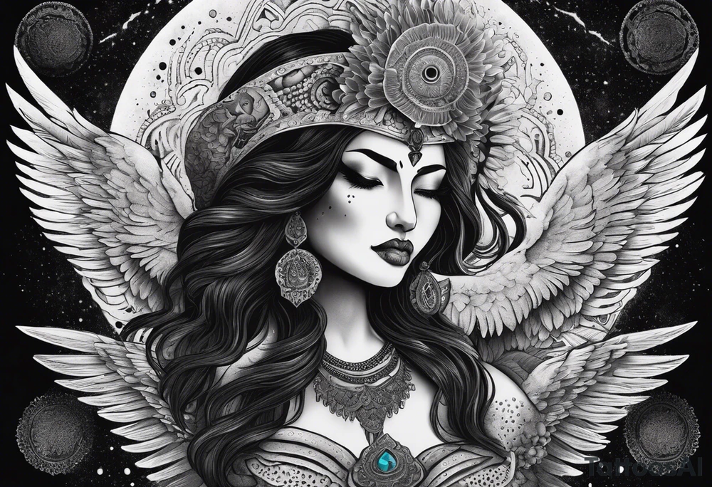 black kali, goddess pirate, alien, angel, pachamama, valkrye, warrior, flying, skull, lotus azul, wing, eagle, zenza resonance, stars, 5D, anahata chakra, death, durga, riding on a tiger, flying lady, kundalini, chest tatoo, samuri, rebel, serpent tattoo idea