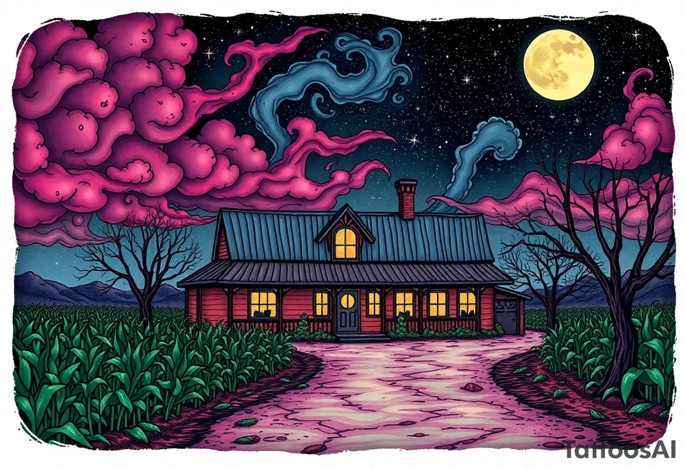 Tim Burton’s el paso texas farm house, with corn crops and pecan orchard from outside view is the street abandoned and dripping with muted reds, dusty pinks, and eerie green glow purple and cyan smokey clouds swirl and dance in the moonlit night sky filled with twinkling stars  tattoo idea tattoo idea
