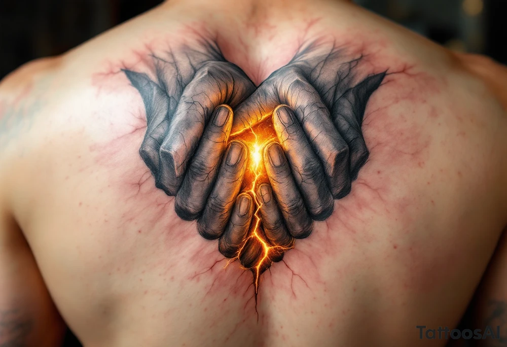 Two clasped hands, sculpted in stone, with cracks revealing a glowing golden core, representing eternal devotion. tattoo idea