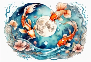 Water scene, featuring koi karp, jellyfish, the moon. With nods to Pisces. tattoo idea