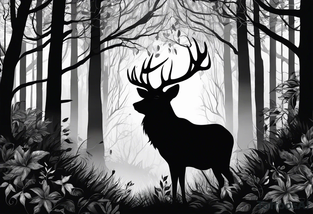 long black silhouettes with white eyes in a big dark forest tattoo idea