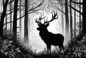 long black silhouettes with white eyes in a big dark forest tattoo idea