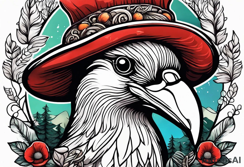 Bird head with mushrooms and nature in the background tattoo idea