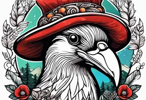Bird head with mushrooms and nature in the background tattoo idea