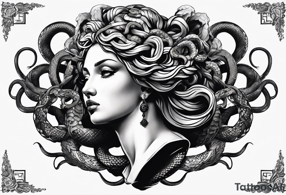 arm tattoo of Medusa as a statue with snakes for hair tattoo idea