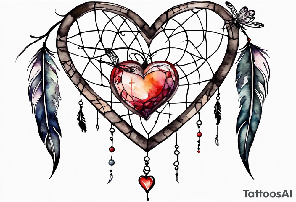 Watercolor tattoo of heart shaped dream catcher with cross going through the heart. Dragonfly flying on side tattoo idea
