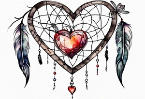 Watercolor tattoo of heart shaped dream catcher with cross going through the heart. Dragonfly flying on side tattoo idea
