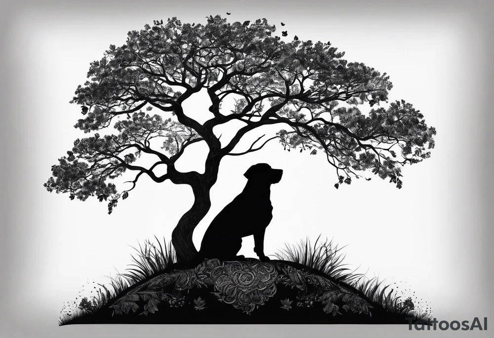 Silouette of a black lab sunder a tree. No detail on lab tattoo idea