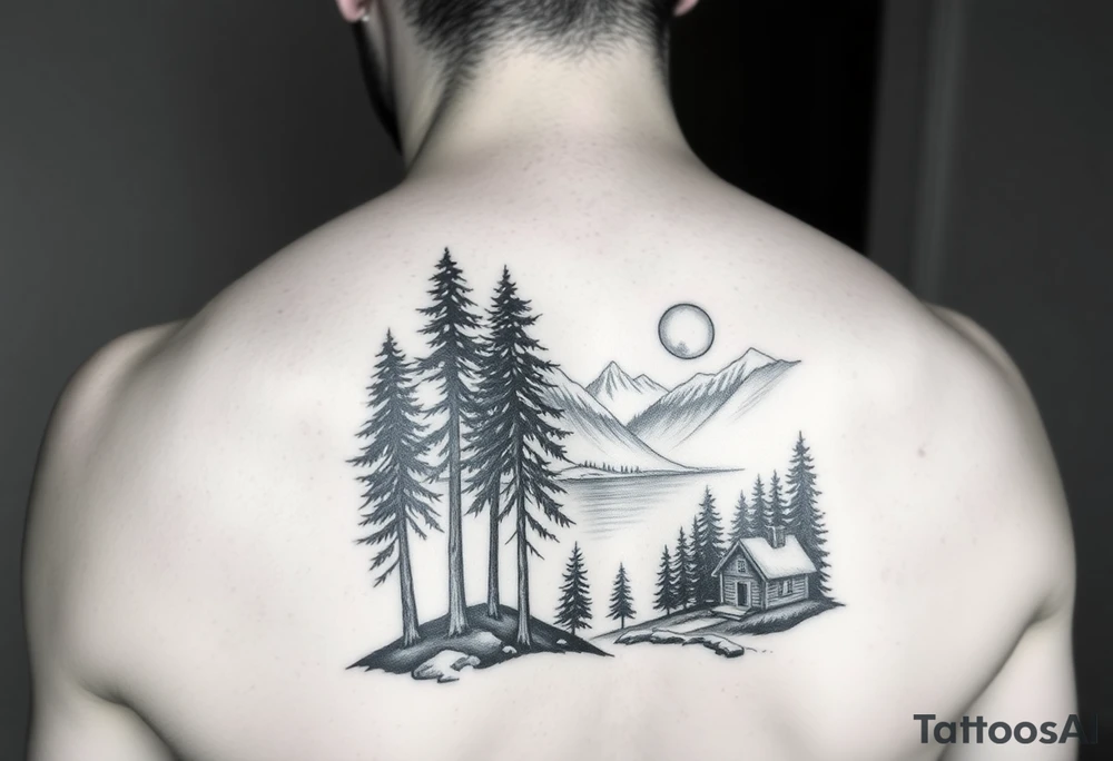 Black and white tattoo on the bottom half of the arm.  Tall trees in the woods surrounded by a lake.  With a cabin to the right front.  And a moon reflecting off the lake. tattoo idea