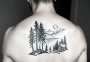 Black and white tattoo on the bottom half of the arm.  Tall trees in the woods surrounded by a lake.  With a cabin to the right front.  And a moon reflecting off the lake. tattoo idea