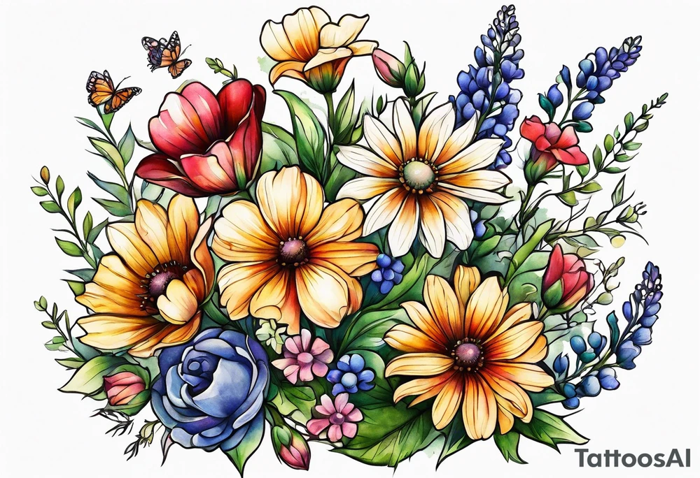 long stem wildflower bouquet tattoo idea