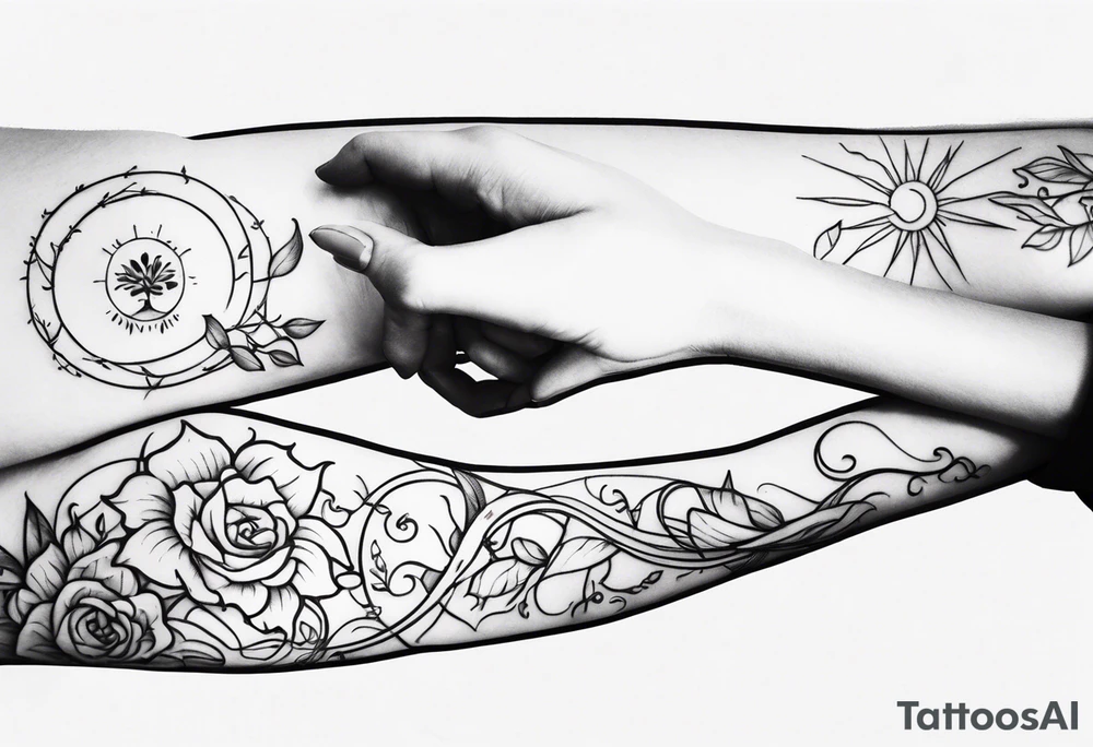 Sleeve tattoo. Vines wrapping around the arm. Flowers and a sun. tattoo idea