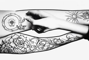 Sleeve tattoo. Vines wrapping around the arm. Flowers and a sun. tattoo idea