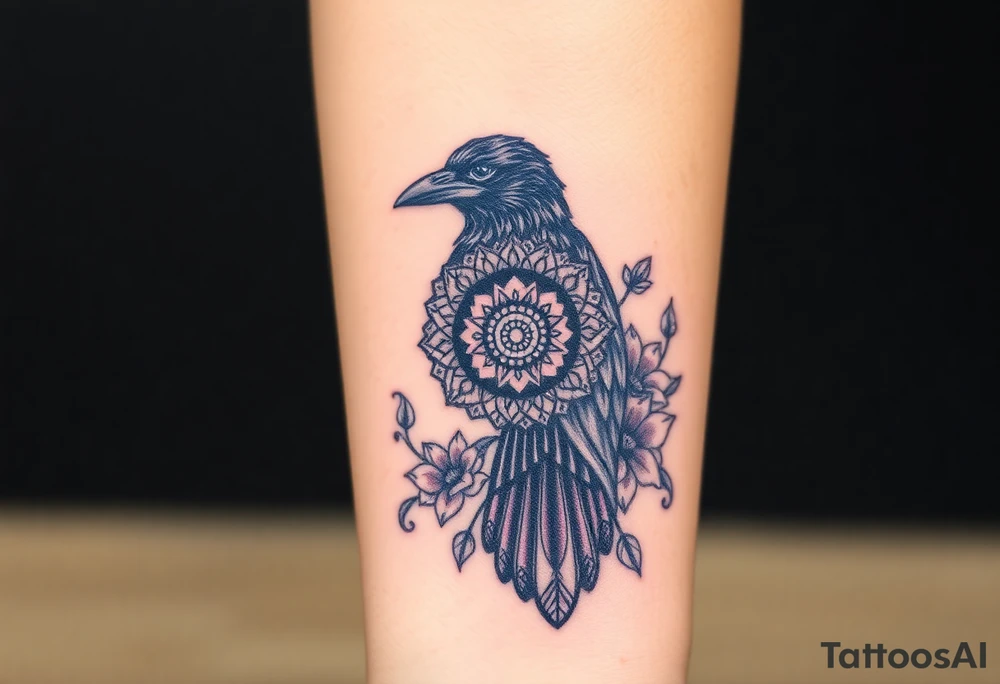 raven with mandala and flowers tattoo idea