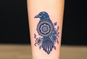 raven with mandala and flowers tattoo idea