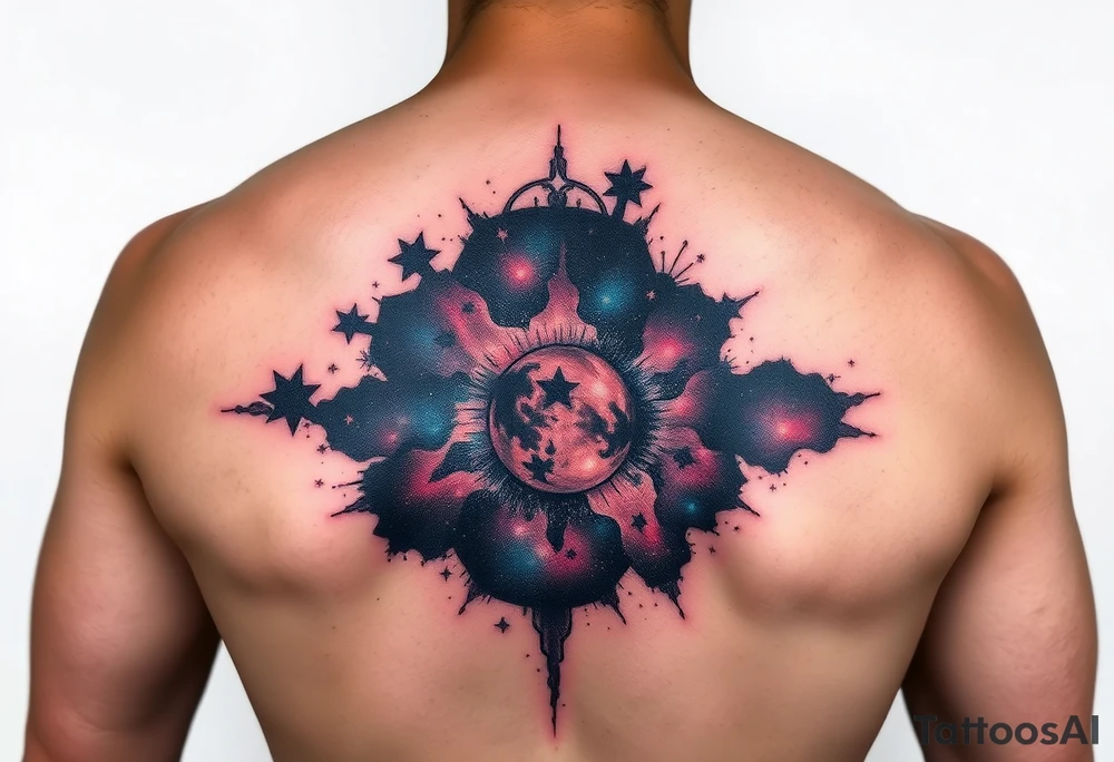The galaxy using negative spaces with hints of color and stars tattoo idea