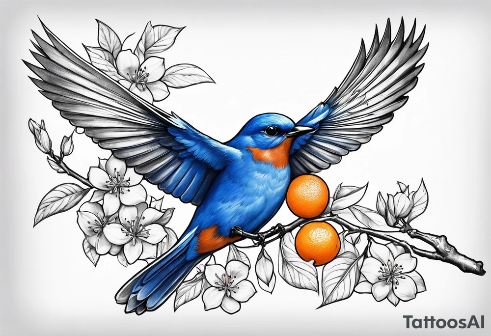 bluebird in flight with an orange blossom branch in its mouth tattoo idea