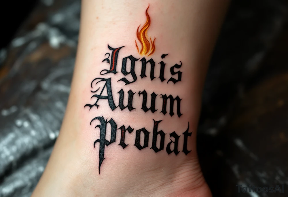 "Ignis Aurum Probat" (Fire tests gold), in etched medieval-style font, rising from flames curling around a golden ingot, done in charcoal black, dark red, and muted gold ink for a powerful, alchemical look. tattoo idea