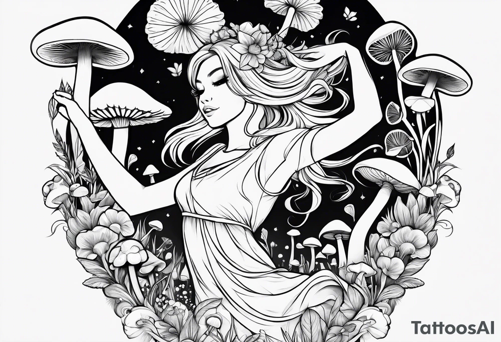 Blonde Girl dancing in field of mushrooms tattoo idea