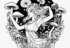 Blonde Girl dancing in field of mushrooms tattoo idea