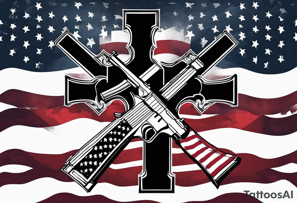 Distressed American flag behind a cross with 2 guns leaned on it simpler tattoo idea
