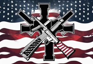 Distressed American flag behind a cross with 2 guns leaned on it simpler tattoo idea