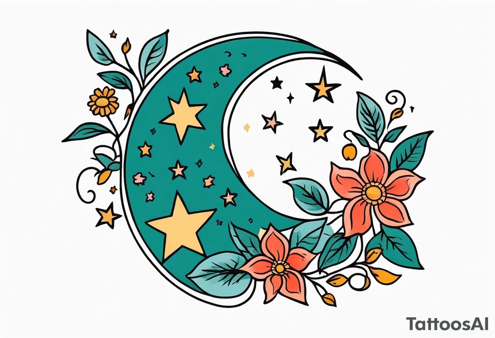 stars and moon

old school vintage simple traditional design with vintage flowers surrounding
bold color simple tattoo idea