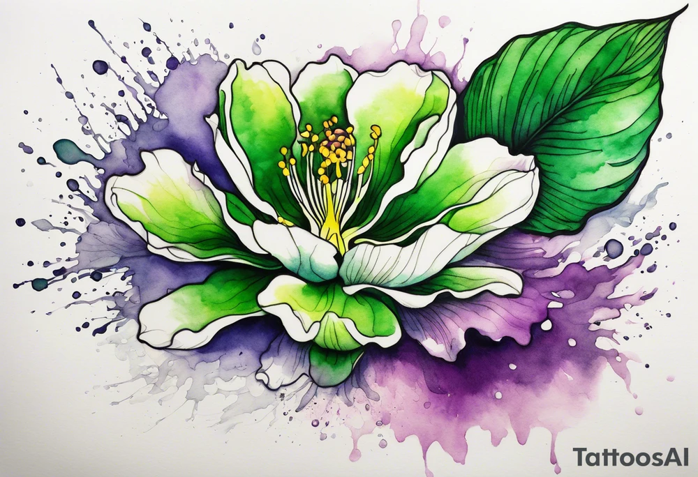 An outline of an only green rio dipladenia flower and a green/purple watercolor splash in the background tattoo idea