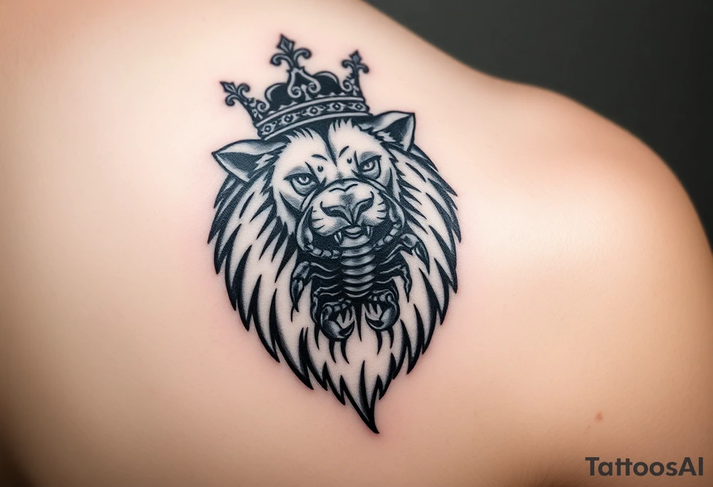 a powerful and majestic lion with a crown and in the middle of this crown , a realistic scorpion, tattoo idea