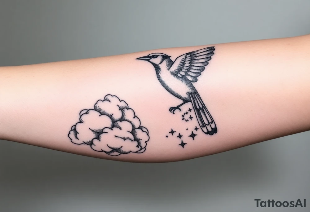 Bluejay, clouds, shining light to or from heaven tattoo idea