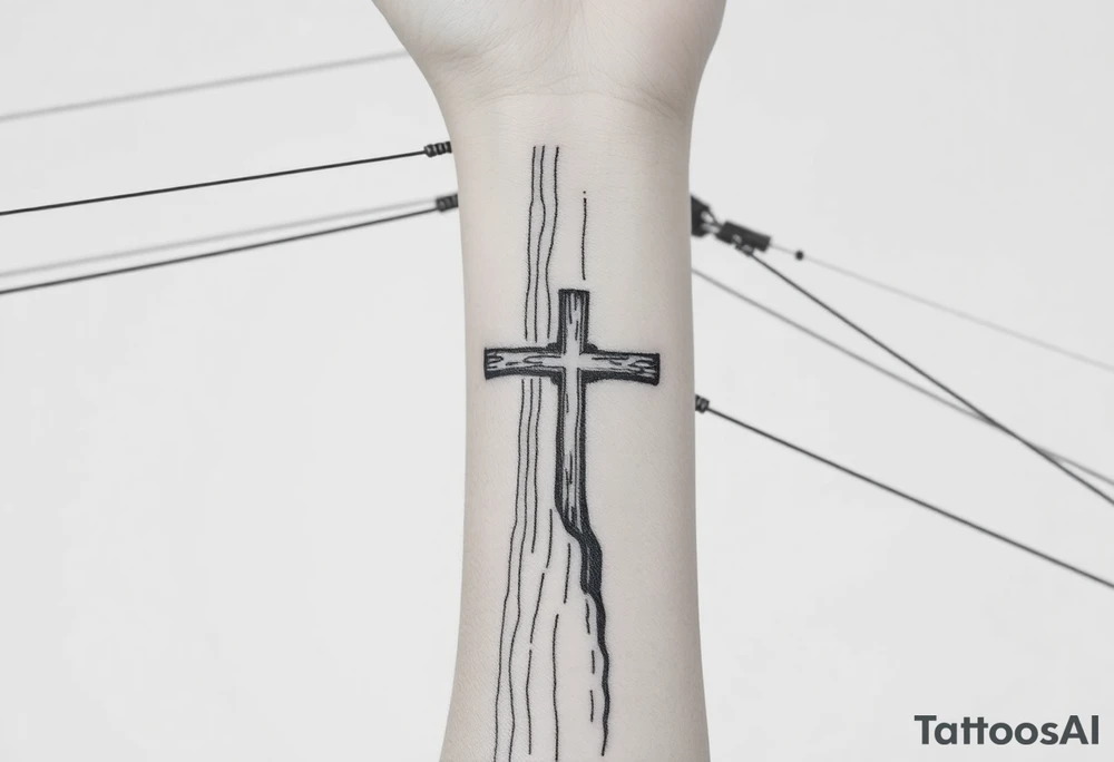 a wooden 12kv distribution pole with electrical lines. Make the pole a cross that has a hidden resemblance to god. tattoo idea