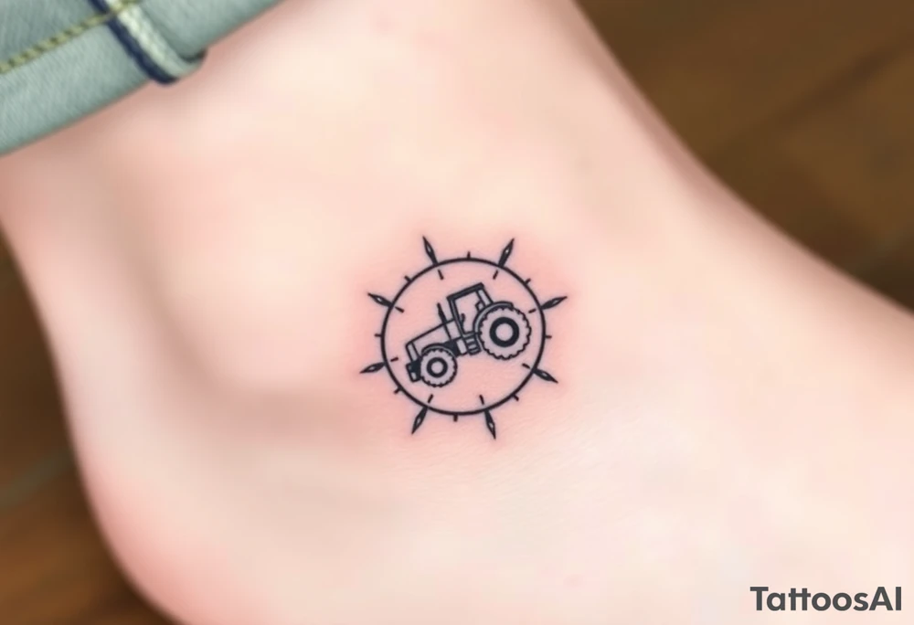 A tiny tractor inside a compass, symbolizing guidance and staying true to one’s roots tattoo idea