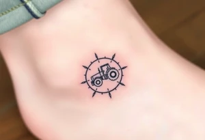 A tiny tractor inside a compass, symbolizing guidance and staying true to one’s roots tattoo idea