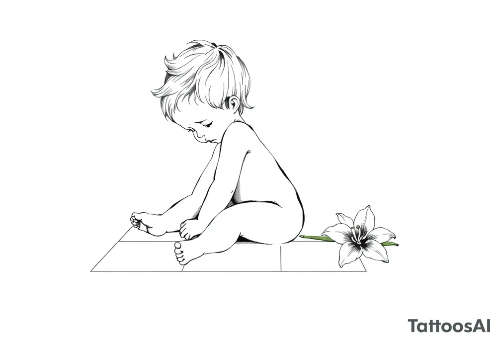 A simple tile floor with a minimalist outline of a curled up child sitting on the floor with a lily next to her tattoo idea