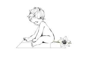 A simple tile floor with a minimalist outline of a curled up child sitting on the floor with a lily next to her tattoo idea