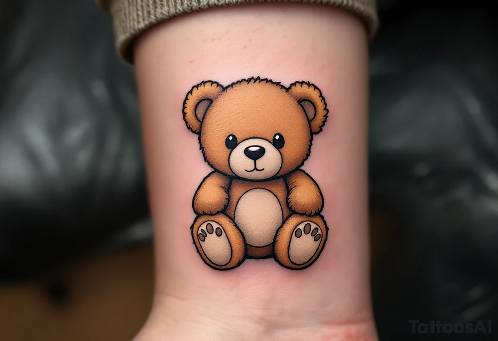 Adámek inside a light brown teddy bear, stitched in soft outline style. tattoo idea