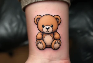 Adámek inside a light brown teddy bear, stitched in soft outline style. tattoo idea